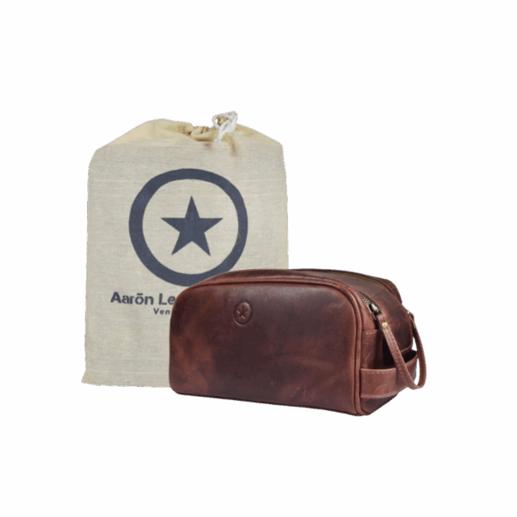 10" Premium Leather Toiletry Travel Pouch With Waterproof Lining