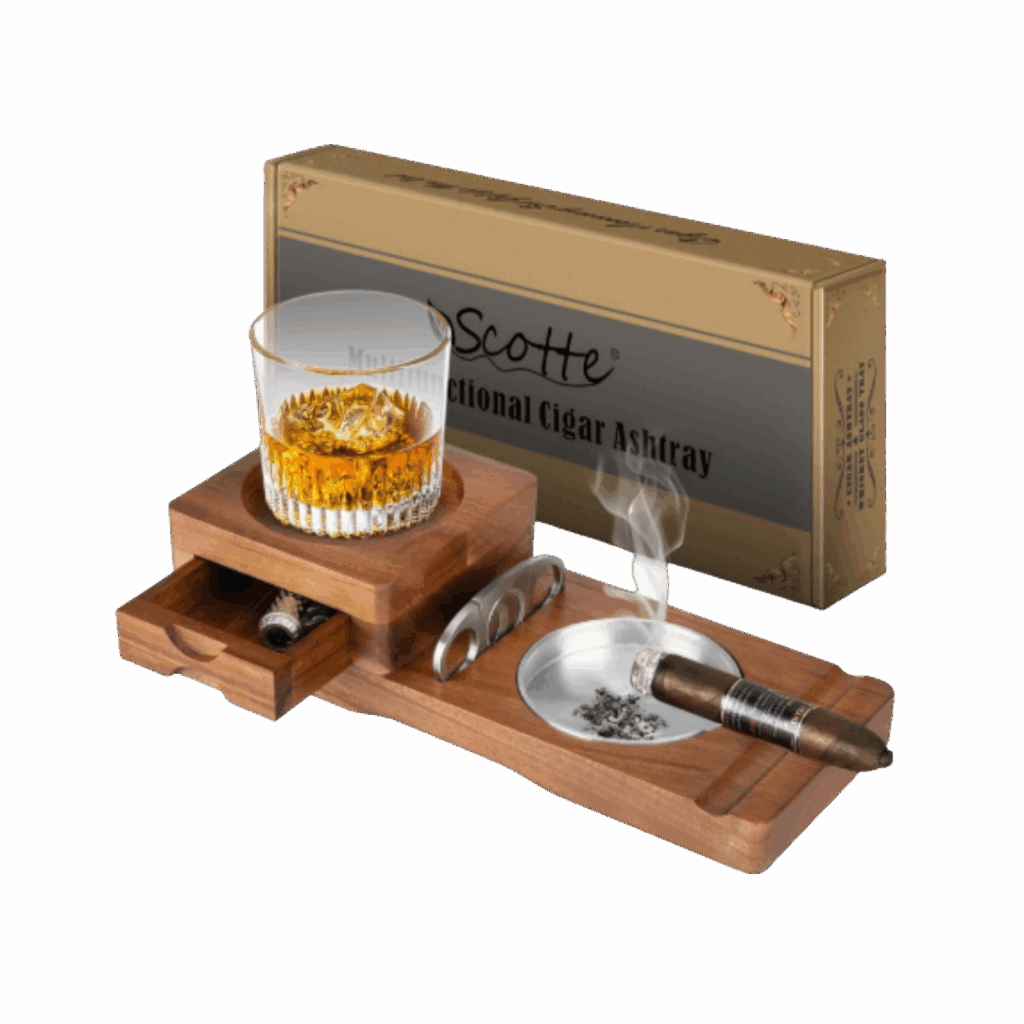 Scotte Ashtray Coaster Whiskey Glass Tray & Wooden Ash Tray with Cigar Cutter
