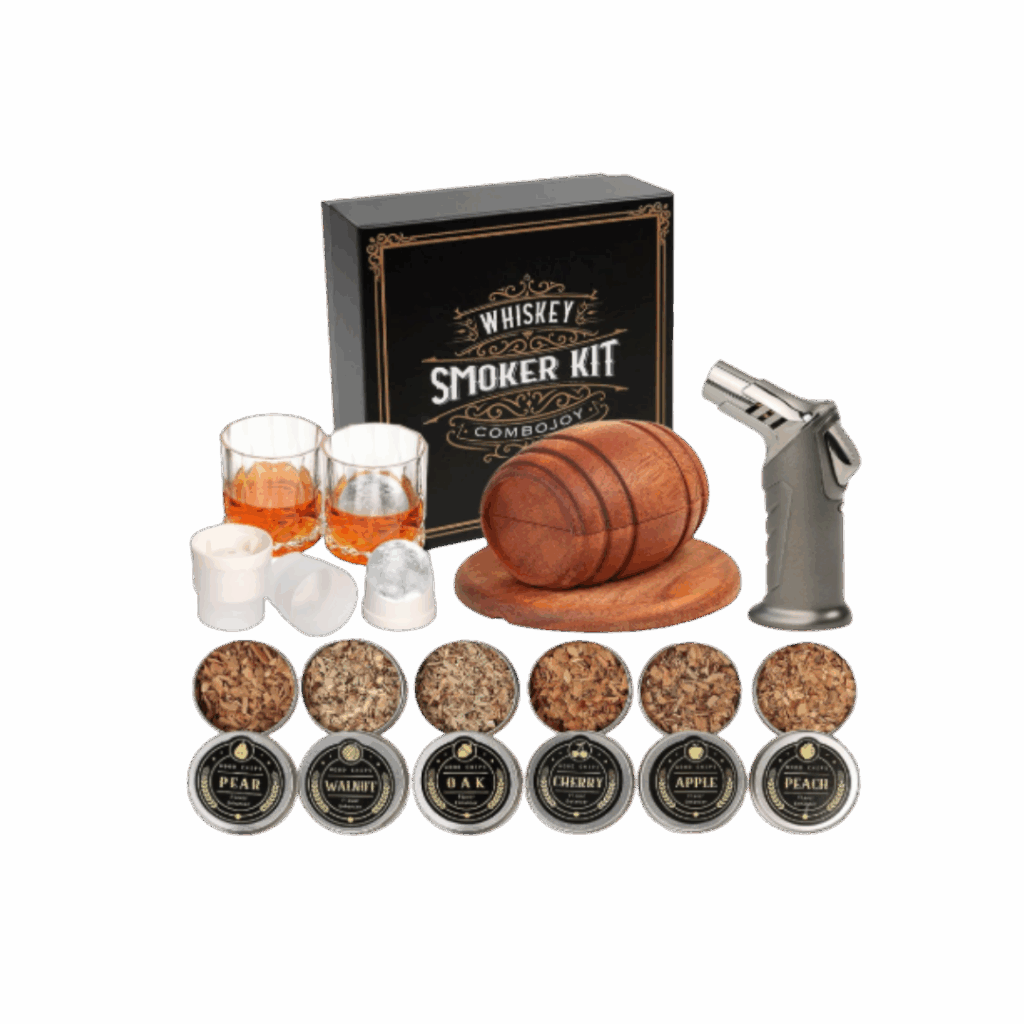 Whiskey Smoker Kit with Torch - 6 Flavors Wood Chips, 2 Glasses, 2 Ice Ball Molds - Cocktail Smoker Infuser Kit, Old Fashioned Drink Smoker